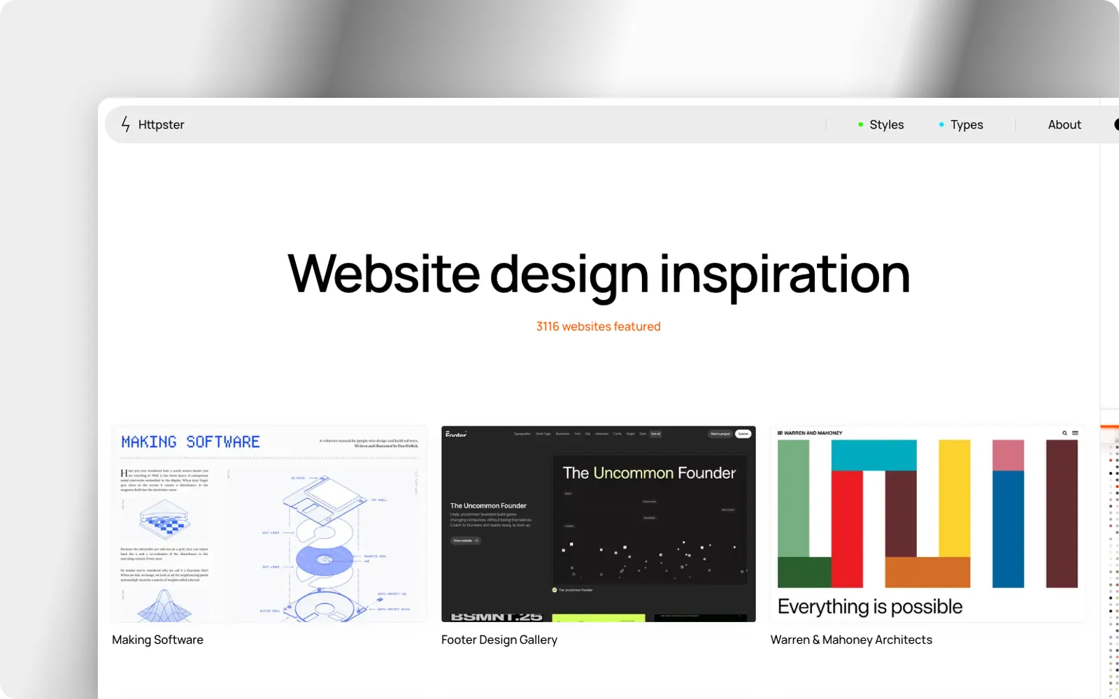 The Httpster homepage, with style and type filters above a grid of websites