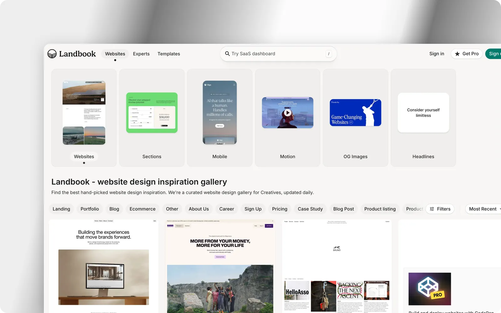 The Land-book homepage, with tabs for websites, sections, mobile, motion and OG images