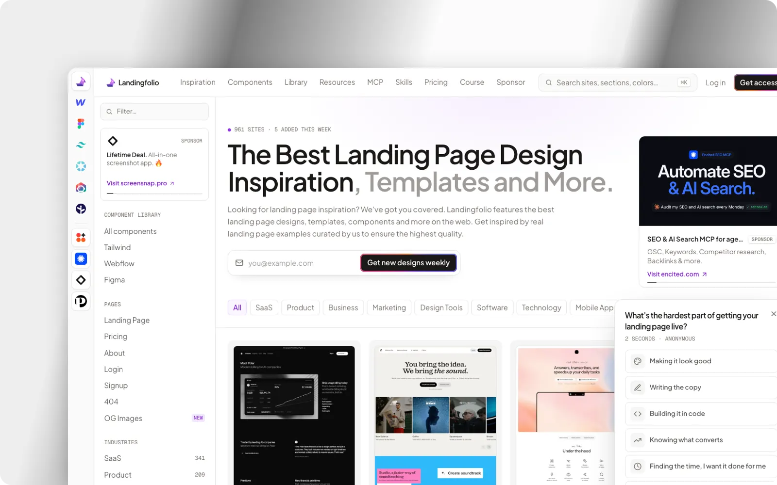 The Landingfolio homepage, with a component sidebar and landing page examples