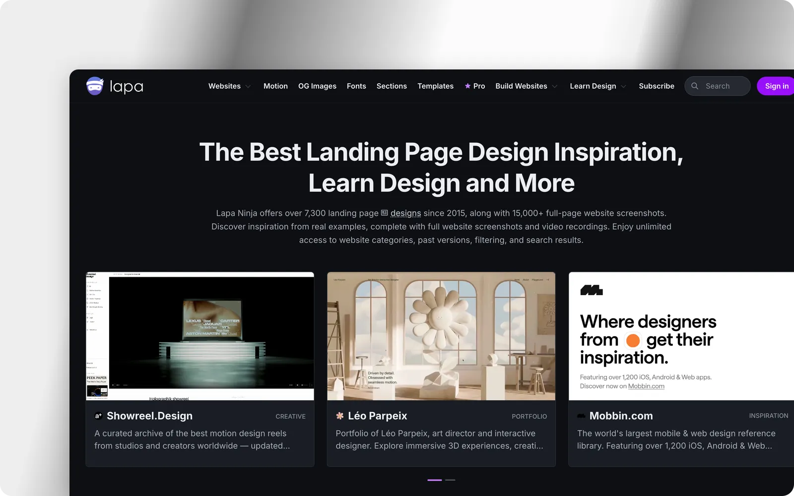The Lapa Ninja homepage, describing 7,300 landing pages and 15,000 full-page screenshots