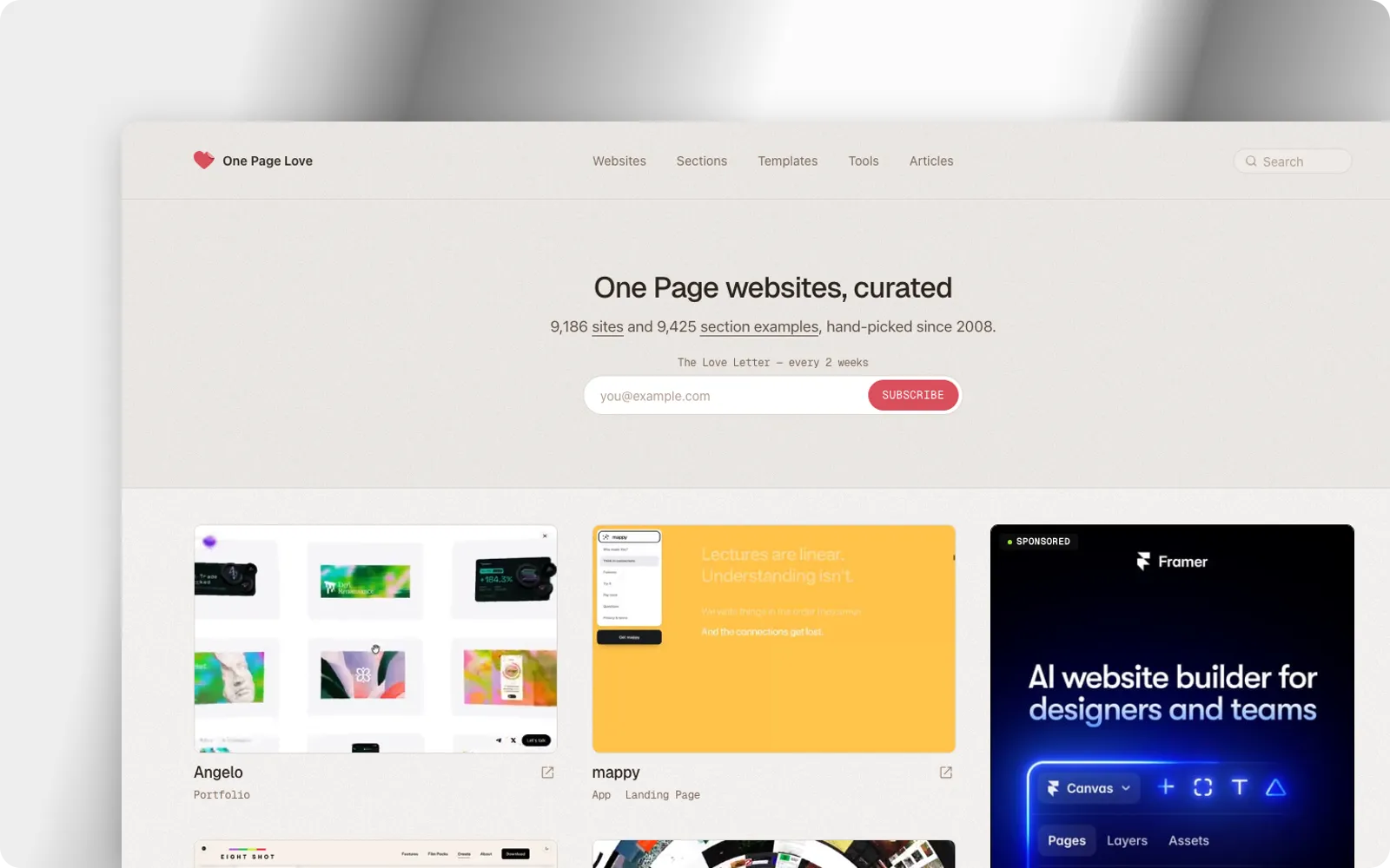 The One Page Love homepage, listing 9,186 one-page sites and 9,425 section examples