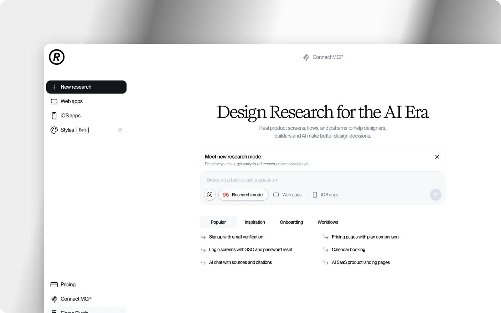 The Refero homepage, with a search box and popular product flows