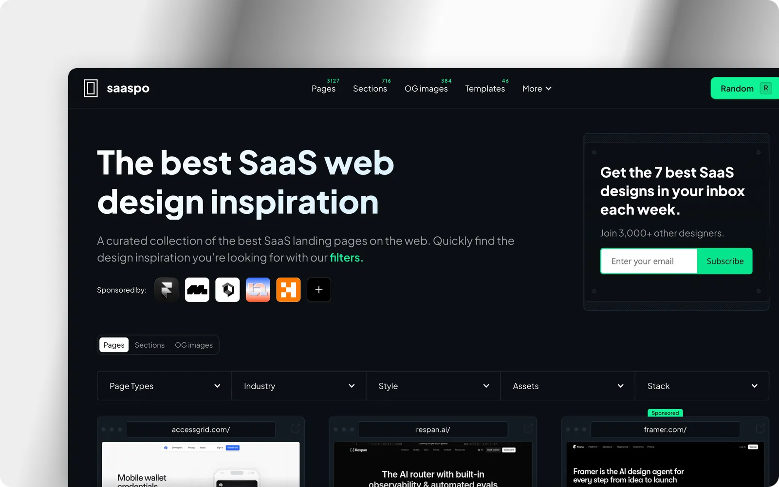 The Saaspo homepage, with counts of 3,127 pages, 716 sections, 384 OG images and 46 templates