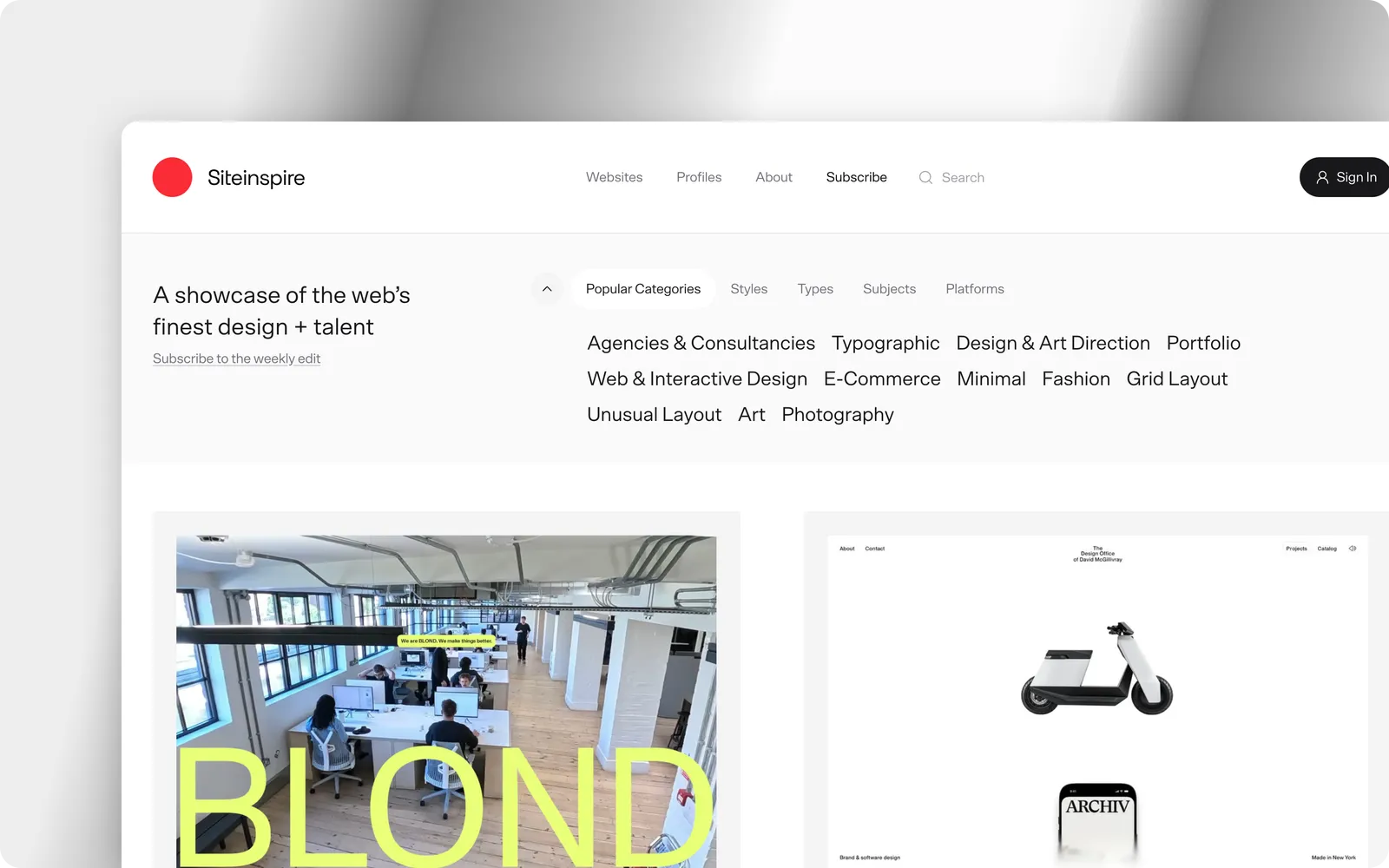 The SiteInspire homepage, with popular categories above a grid of websites